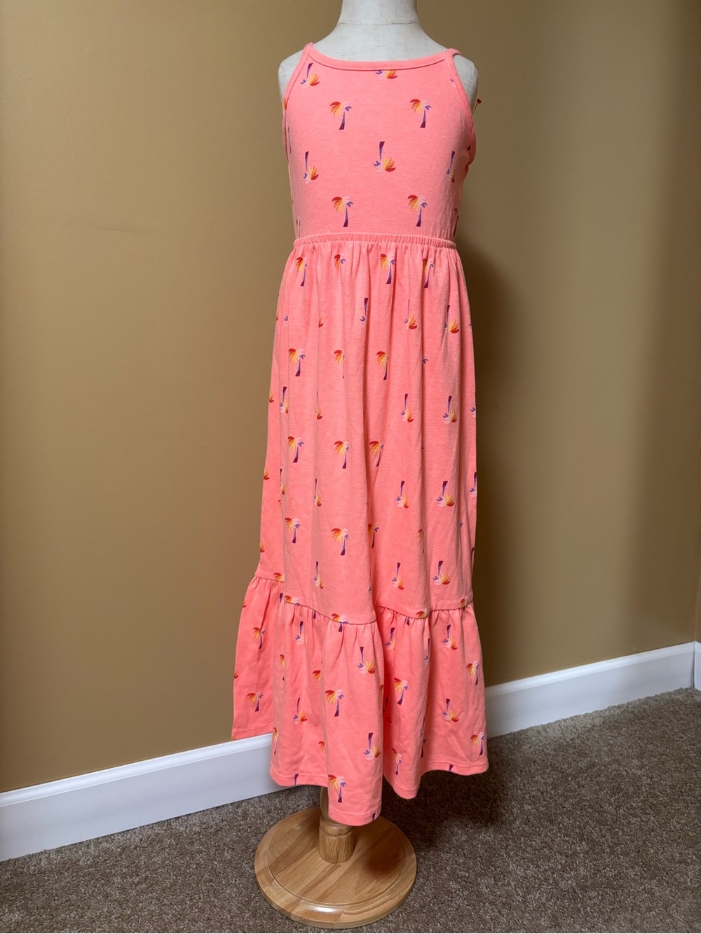 Cat & Jack Girls’ Tie Back Printed Sleeveless Maxi Dress - Neon Peach Palm S - Picture 3 of 4
